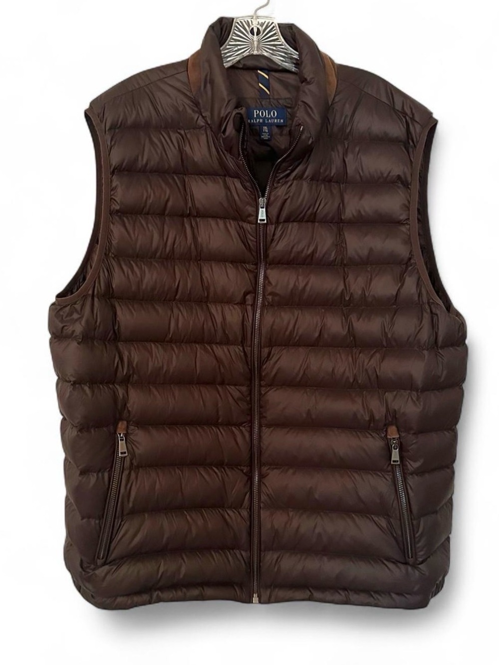 Polo Ralph Lauren Dark Brown White Duck Down Puffer Vest Suede Accents Men’s XXL